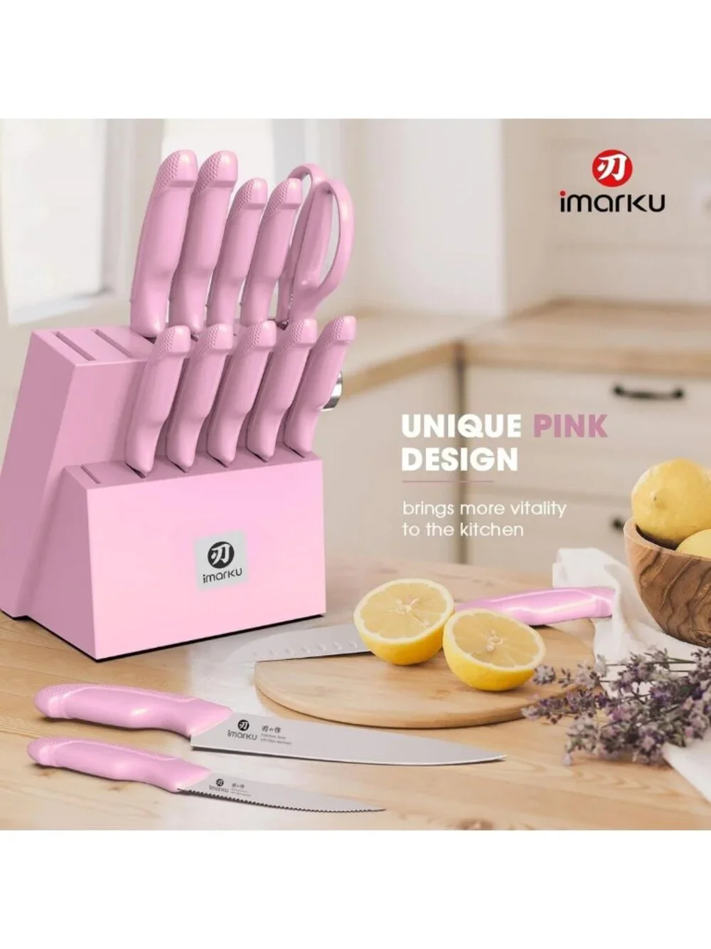 14-Piece Pink Kitchen Knife Set with Block & Built-in Sharpener, Ergonomic